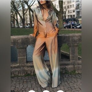 Zara Gradient Wide-Leg Pants and Blouse Satin Set